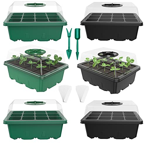 nuyikaso Mini Serres pour Plantes Lot de 6 Bac a Semis Plaque avec Couvercle 72 Cellules Interieur Plateaux de Culture Pépinière Boîte et Ventilation pour Jardin 3 Vert 3 Noir