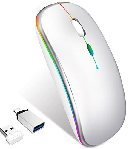 Wireless Mouse, Bluetooth Mouse for Laptop and 2.4Ghz USB Mouse for Computers, Rechargeable Silent cordless mouse with USB C Adapter Compatible with iPad,Macbook air/pro,chromebook,Desktop,PC, Silver