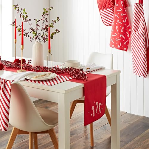 Catherine Lansfield Christmas Candy Cane Cotton Embroidered Cotton 32x220 cm Dining Table Runner White Red