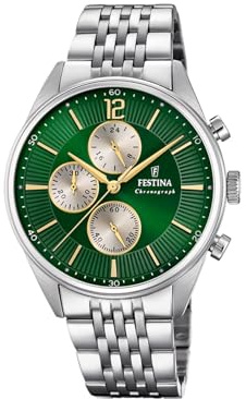 Festina Herren Armbanduhr aus Edelstahl in der Farbe Silber-Grün-Gold 41,5mm, Wasserdichtigkeit: 5Bar, F20285/9