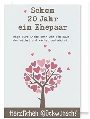 AvanCarte Porzellanhochzeit 20 Hochzeitstag Karte Foliendruck Baum mit Herzen 16x11cm