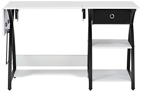 Sewing Online Large Sewing Table, White Top with Black Legs - Sewing Machine Table with Adjustable Platform, Drop Leaf Extension, Storage Shelves, & Drawer | Quilting Table/Computer Desk - 13333