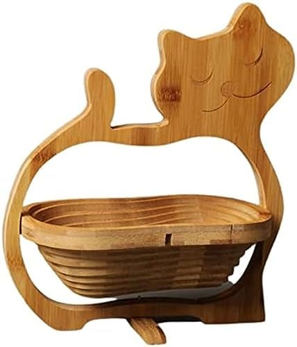 11x 11,8 Zoll Zusammenklappbarer Obstkorb Aus Bambus, Faltbarer Trockenobstkorb, Snackkorb Aus Holz, Kreativer Obstschalenhalter Für Den Küchentisch-,Katze,Constructive23