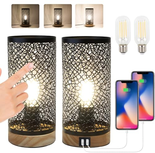 LALISU Nachttischlampe Touch Dimmbar 2er Set, Tischlampe mit Ladefunktion 2 USB Steckdosen 2 LED Birnen, Vintage Lampenschirm Kleine Lampe für Schlafzimmer Wohnzimmer Babyzimmer Büro (Schwarz)
