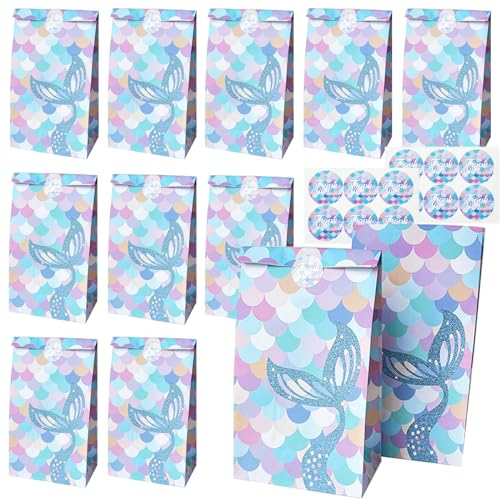 Bikasun 12 Stück Meerjungfrau Geschenktüten Papier, Partytüten Bunt, Papiertüten mit 12 Aufkleber, Gastgeschenke Tüten, Geschenktüten für Geburtstag, Weihnachten, Candy Tüten, 24 * 13 * 8cm, Blau