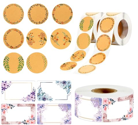 1500 Stück Etiketten Selbstklebend Blumen, Kraftpapier Etiketten Selbstklebend, Blumen Klebeetiketten, Klebeetiketten Aufkleber für Marmeladengläser, Gewürzgläser, Geschenktüten, Umschläge
