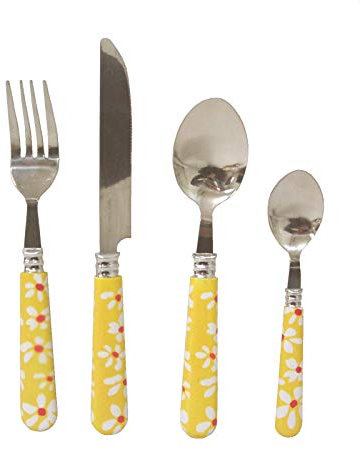 CUBERTERIA 24 CUBIERTOS CUCHARA TENEDOR CUCHILLO CUCHARILLA FLORES AMARILLO