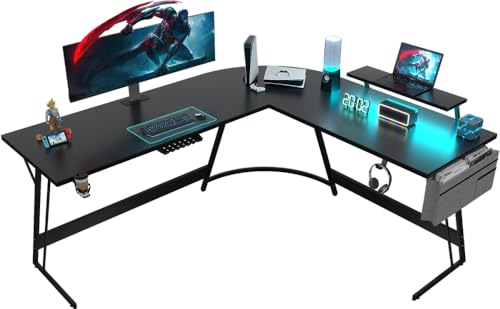 Devoko L Shaped Gaming Desk Computer Desk with LED Lights 170cm Corner Gaming Desk Large PC Monitor Stand for Home and Office,Black