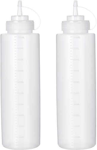 Katfort Squeeze Bottles for Sauces 2 Pack, 32 Ounce 1000ml Plastic Dressing Squirt Bottles Ketchup Bottles with Cap Lids, Condiment Bottles for Liquids BBQ Dressing Pancake Art Dispenser