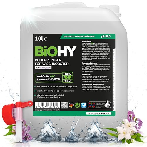 BiOHY Bodenreiniger für alle Wischroboter mit Frühlingsduft (10 Liter Kanister) + Auslaufhahn | Schaumarm & Streifenfrei | Reinigungsmittel Konzentrat für alle Böden