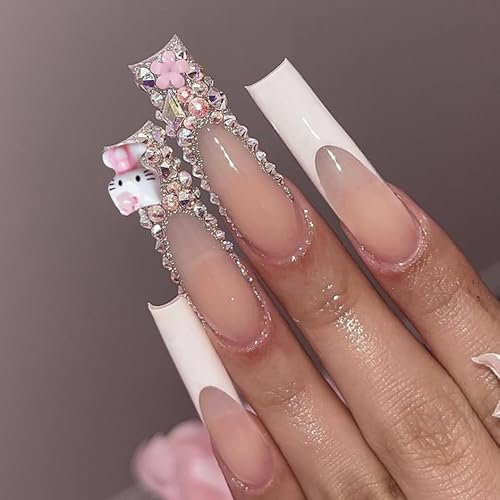 MouyouGlow Press on Nails Lang,Ballerina Cute Kawaii Nude Weiß French 3D Kitty Carton Floral Rhinestones Y2K Coquette Fake Nails mit Nagelkleber,White Tips Sweet Artificial Fingernails …