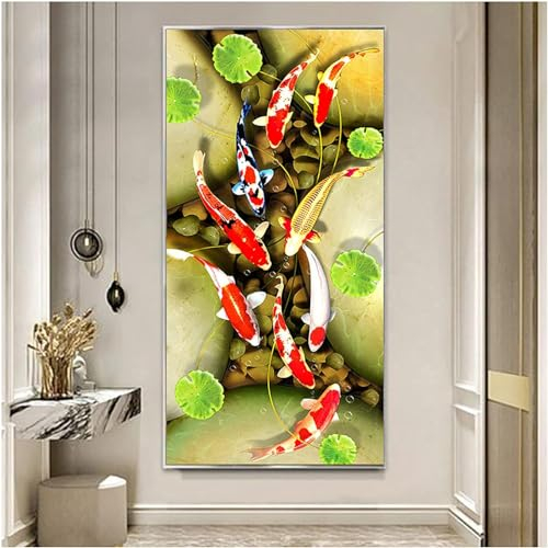 AWKFHF Leinwandgemälde Bild Neun Fische Koi-Fisch Feng Shui Karpfen Lotus Bilder Leinwand Malerei Poster Kunstdruck Wohnzimmer Schlafzimmer Wand Deko (50X90CM,ohne Rahmen)