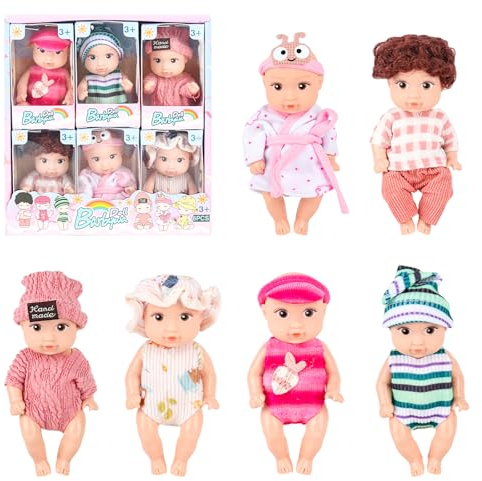 JOAASU Mini Reborn Puppen, 6 Stück Mini Baby Puppe, Babypuppe, Mini-Babypuppe, 4,3 Zoll Puppe und Kleidung Set, Realistische Babypuppe, für Mädchen, Kleinkinder und Kinder (Heimserie)