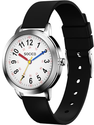 SOCICO Lernuhr Kinder Armbanduhr, 3ATM/30M wasserdichte Kinderuhr für Jungen Mädchen,Kinderuhr Analog Zeit Lernen Erntedankfest Weihnachtstag Geschenk (Schwarz)