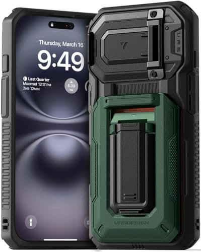VRS DESIGN Origin Schutzhülle für iPhone 16 (2024), robust, halbautomatisch, 3 Kartenfächer, Standfunktion, 3 Karten, Metallic-Grün