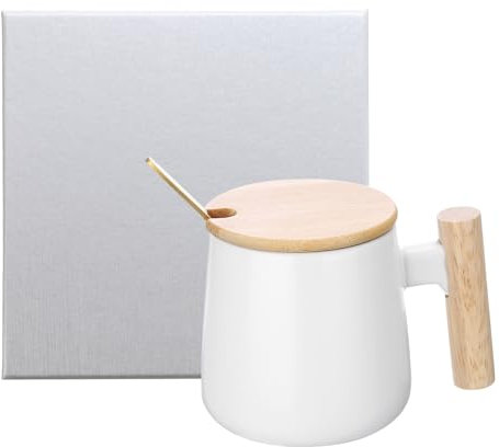 sourcing map Juego de tazas de café de cerámica de 364.3 g con mango de madera simple, taza de té grande hecha a mano, caja de regalo con tapa y cuchara para oficina, cocina, hogar y regalos para