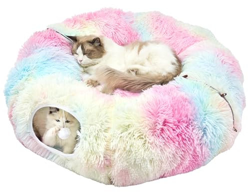 JIUPETY Katzentunnel Plüsch mit Schlafplatz, Faltbar Katzentunnel Bett XXL, Katzen Tunnel mit baumelnden Bällen, Cat Tunnel für Katzen, Kaninchen, Frettchen, Rainbow