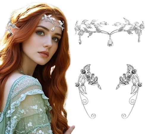 Damen Elfenohren Tiara Kostüm Zubehör, Silber Elfen Tiara Krone Elfenohren, Kristall Kopfschmuck für Cosplay Fairy Elfen Ohren Zubehör Halloween Karneval Cosplay Kostüm