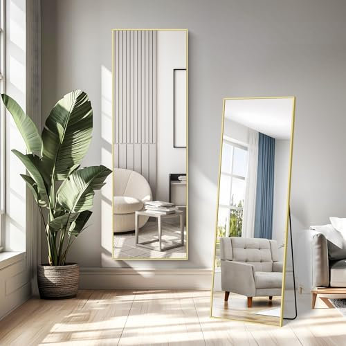 WOLIBEER Specchio intero 161 x 52 cm, specchio rettangolare con cornice in alluminio dorato, specchio da parete per camera da letto, spogliatoio, soggiorno, palestra, corridoio