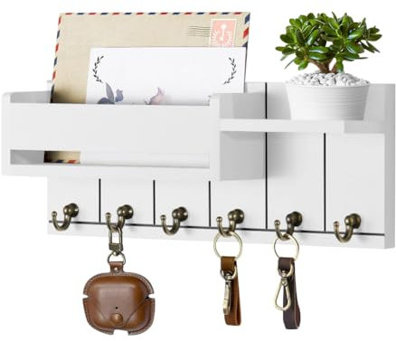 Schlüsselbrett mit Ablage,Schlüsselkasten holz mit Regal Enthält Briefhalter und 6 Haken, Schlüsselhalter für Wohnzimmer Küche Büro Flur Möbel Schlafzimmer praktisches Wohnungs Zubehör,Weiß