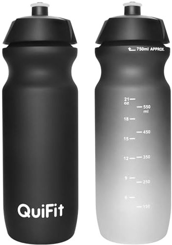 QuiFit Trinkflasche Sport Auslaufsicher, Squeeze Wasserflasche Fahrrad 2er Pack, Gym Flasche BPA Frei, Gym Trinkflasche 750ml mit Kapazitätsskala (Black+ Black White(2pcs), 750ml)