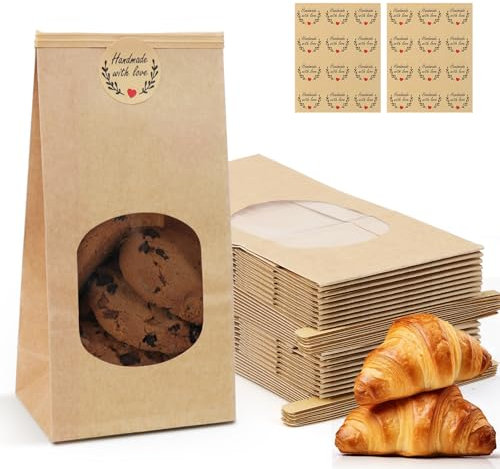 Bolsas de Papel Kraft con Ventana 24 Piezas Bolsas Papel Kraft 9x5,5x18 cm Bolsa de Papel Bolsa de Papel Kraft con Ventana Bolsas Kraft Bolsas Regalo para Nueces Café Hojas de Té Especias Caramelo