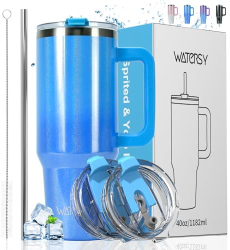 WATERSY 30 oz Shiny Tumbler with Handle,Tumbler with Lid and Straw,Double Wall Insulated Cup Stainless Steel Travel Mug(Cold for 34 Hours),Water Bottle for Iced Tea,Coffee,Cold Beverages(Blue)