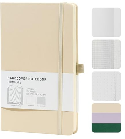 HOMEMARS Notizbuch, Notebook, 21cm*14.5cm, Notizbuch Blanko A5, Journal buch, Reisetagebuch, Skizzenbuch, Blanko Papier,Notizblock, Notizbücher a5, 100GSM, 200 Pages, Leder Hardcover,Lvory