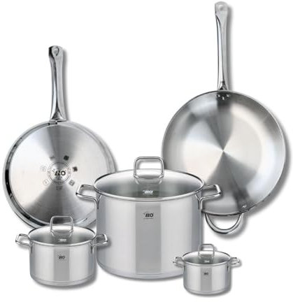 ELO 9509650 Batterie de cuisine 5 pièces, Ensemble de 2 Poêles de cuisson 28 et 32 cm et 3 faitouts 12, 16 et 26 cm Elo Profi Citrin, inox, induction