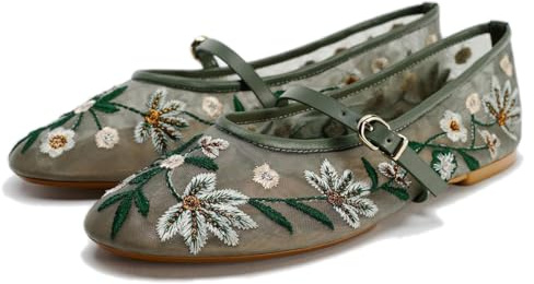 Mesh Ballet Flats for Women Embroidered Floral Mary Jane Flats Round Toe Slip On Ballerina Shoes Comfortable Casual Daily Dress Flat Shoes, Green, 3 UK