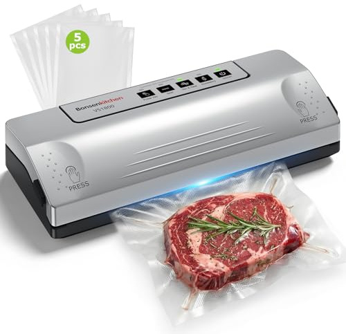 Bonsenkitchen Vakuumiergerät, 30 cm breite Schweißnaht Vakuumierer | Externer Vakuumanschluss, Dauerbetrieb mit Überhitzungsschutz, Pulse‑Funktion für Feuchtgut, inkl. 5 Beutel, VS1800