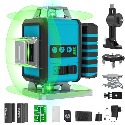Kreuzlinienlaser Grün, Laser 4x360 Grad, Linienlaser Kreuzlaser Laser Nivelliergerät Baulaser für Innenbereich Außenbereich Baustelle, Akku*2
