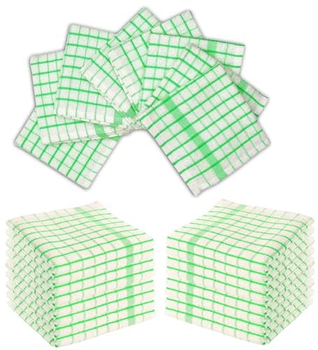 Wholesale Trade Dealz Mono Check Terry Tea Towels Pack of 4, 6 & 12-100% Egyptian Cotton Super Soft High Absorbent Lint Free Wonder Dry Tea Toweling Dish Cloth Large Kitchen Towels (12, Green)