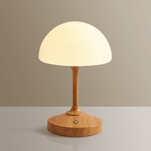 Dawnwake Mushroom Lamp Table Lamp Waterproof, Cordless Rechargeable Battery Lamp for Bedroom, 5000mAh Touch LED Lamps for Living Room, Bathroom, 3 Level Dimming Small Lamp, Wood Color