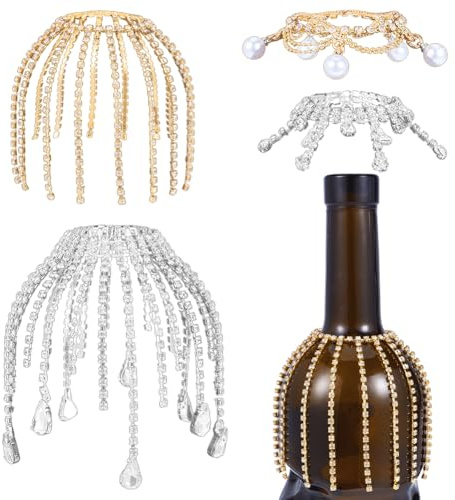 OLYCRAFT 4Pcs Wine Bottle Cover Fringe 12cm Rhinestone Wine Bottle Tassel Brass Wine Bottles Cover Veil Champagne Bottles Decorative Fringe for Party Wedding Champagne Decorations