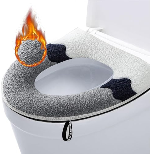 Toilettensitzbezug WC Wärmer Pad, Toilettensitzpolster Toilettensitzbezüge mit Griff, Weiche Badezimmer WC Deckel Abdeckung, WC-Sitzbezug Plüsch Toilettensitzabdeckung(Weiß grau)