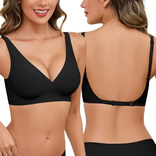 UMIPUBO Soutien Gorge Dos Nu sans Armature Comfit Femme Col en V Brassière Daily Push Up Bralette Coutures à Léger Rembourrage Classiques Maintien avec Coussinets (Noir, S)