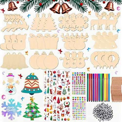 324 Stück Holz Weihnachtsdeko Anhänger, Weihnachtsbasteln Set Kinder, Ornamenten für Weihnachtsbaum, Holzanhänger Weihnachten Zum Bemalen