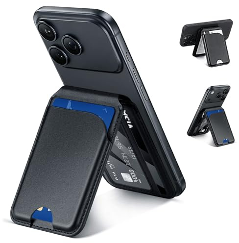 Cozary Magnetic Wallet für Handy, Verstellbarer Ständer, veganem Leder, Karten Halter mit 3 Kartenfächer, Magnetisches Handy Wallet mit Aufkleber, Geeignet für alle Mobiltelefone, Schwarz
