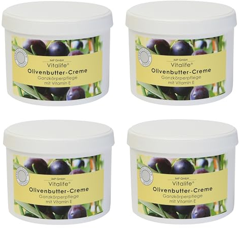 Vitalife Olivenbutter Ganzkörperpflege mit Vitamin E – feuchtigkeitsspendende Creme für trockene, empfindliche & rissige Haut, antibakteriell & pflegend – 500 ml (4er-Pack)