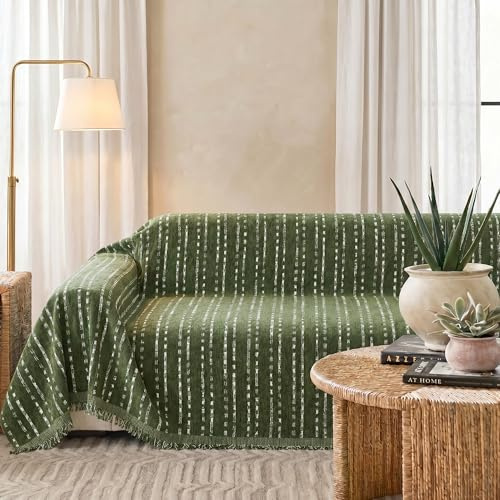VIVICOZY Sofa üBerzug Streifen Chenille Sofabezug, Kratzschutz Sofa Katze | Moosgrün SofaüBerwurf füR 2/3 Sitzer Sessel Ecksofa U/L Form Sofa Cover Sofaschutz Hund Katze Kratzschutz Sofadecke 180x300cm