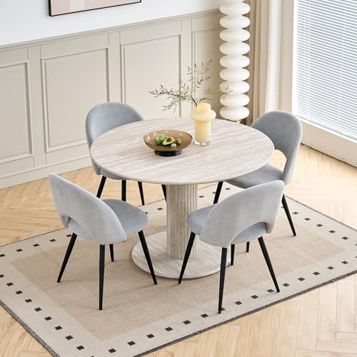DEYARNA HOME 115cm Runder Esstisch mit 4 Esstischstühlen, Küchentisch aus MDF (Travertin-Maserung) und 4 Gepolsterte Stühle für Küche, Esszimmer, Wohnzimmer und Büro (Grauer Tisch + Graue Stühle)
