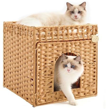 Woven Rattan Cat Litter Box Enclosure Furniture – Cat House with Hidden Litter Mat and Fence, for Living Room, Bedroom, Balcony, 20.5 × 18.5 × 19.1 in, Natural