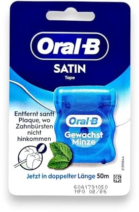 Oral-B Satin Tape Floss, Removes Plaque, Waxed Dental Floss for Tight Spaces, for a Fresh, Clean Feeling, Mint Flavour 50m Roll