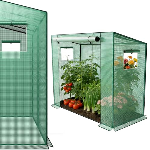 YRHome Schrägdach Gewächshau 200 x 80 x 150 cm Mit Tür & Aufrollbare Fenster Atmungsaktives Gewächshaus,Verzinktem Stahl Rohre Tomatenhaus UV-Schutz für Gemüse,Grün