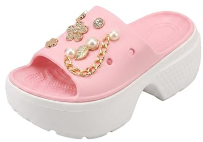 CLEIKS Ciabatte Donna con Zeppa 7.5cm, Plateau Pantofole Estive con Ciondoli DIY Rimovibili, Sandali Mare in EVA Leggeri e Antiscivolo per Vacanze e Casa
