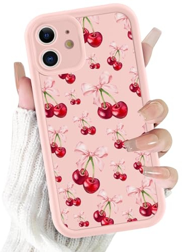 Tivkofk Phone Case for iPhone 11 6.1'', Cute Aesthetic Trendy Pink Cherry Bow Design Case, Camera Protection Soft Slim TPU Shockproof Protective Girly Cover for Girls Women