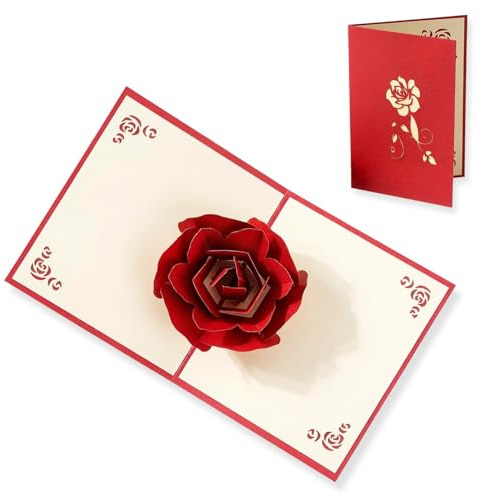 TEOZBLU Biglietto Auguri Matrimonio Pop Up 3D con Rosa Rossa, Regalo Anniversario Matrimonio per Lei, Moglie e Fidanzata, Biglietto Romantico per San Valentino e Compleanno, Carta Perlata, 13x16cm