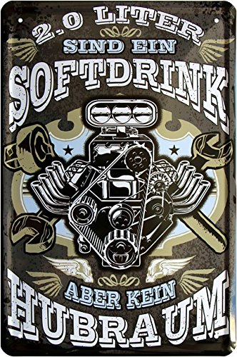 WOGEKA ART Retro Blechschild - 2.0 Liter sind ein Softdrink aber kein Hubraum! V8 Motor - witziger Spruch als Geschenk-Idee Geburtstag Weihnachten Deko 20x30 cm Vintage-Design 945