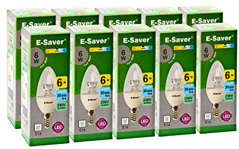 E-Saver - LED C37 Clear Candle 6w- Led Light Bulbs - (Pack of 10) - 4200k Cool White LED Bulbs - E14 - Small Edition Screw (SES) - Replaces 60w Halogen Candles - New Chip Technology - Non Dimmable